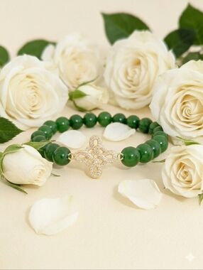 Green Jade Bracelet with Cubic Zirconia Charm